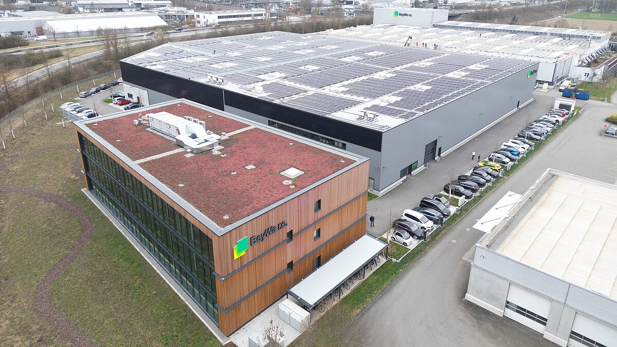 Aerial photo of the Novotegra company building in Tübingen, with integrated PV system